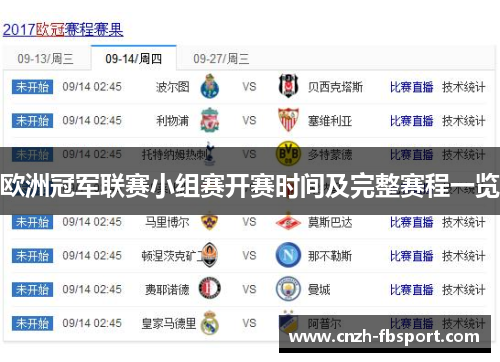 欧洲冠军联赛小组赛开赛时间及完整赛程一览