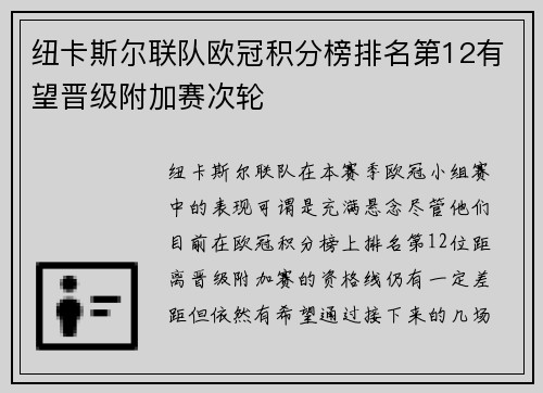 纽卡斯尔联队欧冠积分榜排名第12有望晋级附加赛次轮 纽卡斯尔联队欧冠积分榜排名第12有望晋级附加赛次轮